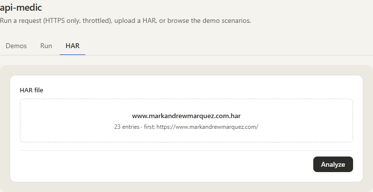 api-medic web UI HAR tab — uploaded www.markandrewmarquez.com.har with 23 entries, first request shown as https://www.markandrewmarquez.com/