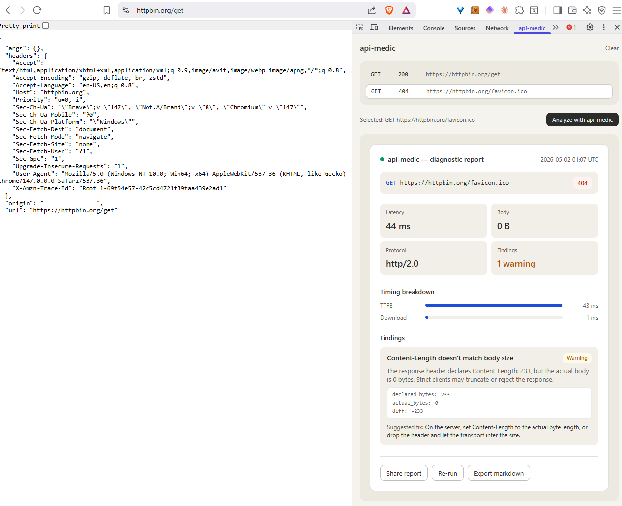 api-medic browser extension panel docked in DevTools next to Network tab — selected GET request to httpbin.org/favicon.ico, analyzed report showing 404 status, timing breakdown, and a Content-Length mismatch warning
