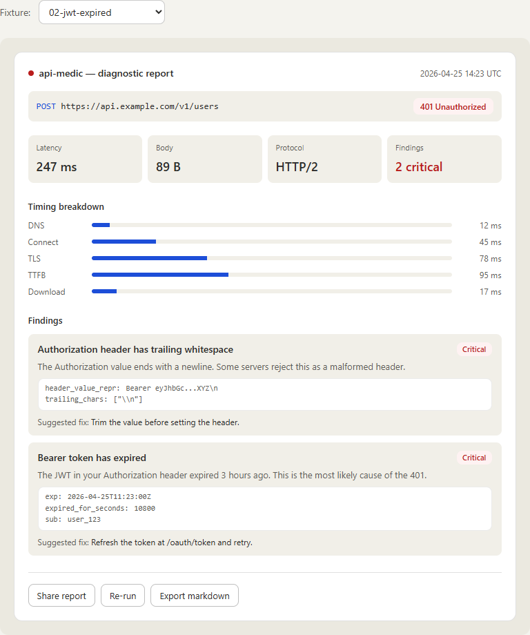 api-medic: HTTP API Diagnostic Tool — CLI, Web UI, Browser Extension
