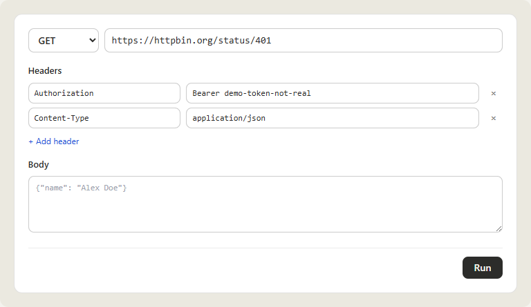 api-medic web UI Run tab — request builder with method dropdown, URL field, header rows for Authorization and Content-Type, and a JSON body