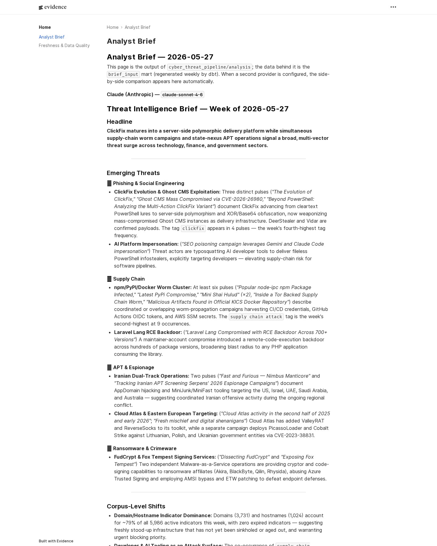 Evidence.dev analyst brief page — LLM-generated narrative analysis of the current threat-intel marts