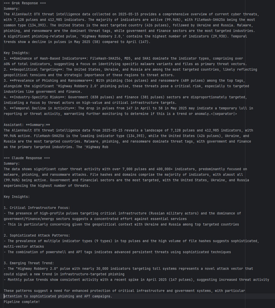 Grok + Claude — side-by-side LLM analysis of pre-computed SQL metrics