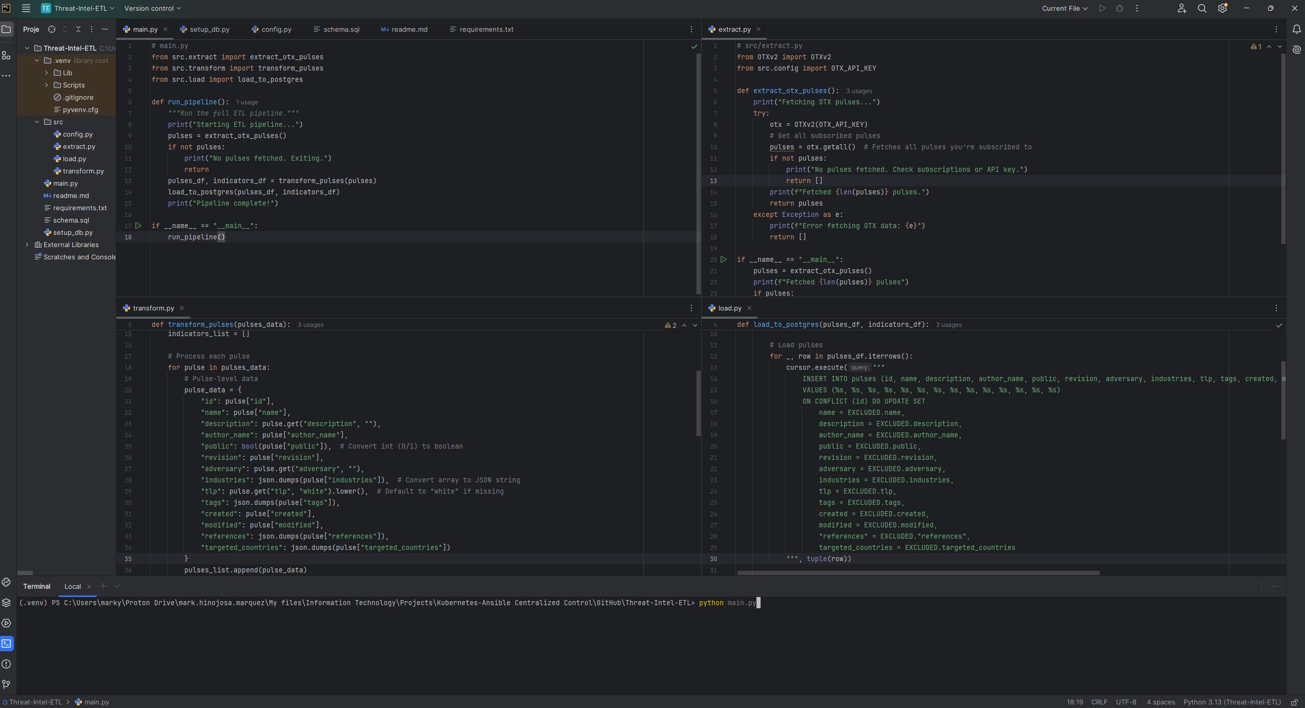 PyCharm IDE — ETL orchestration scripts under active development