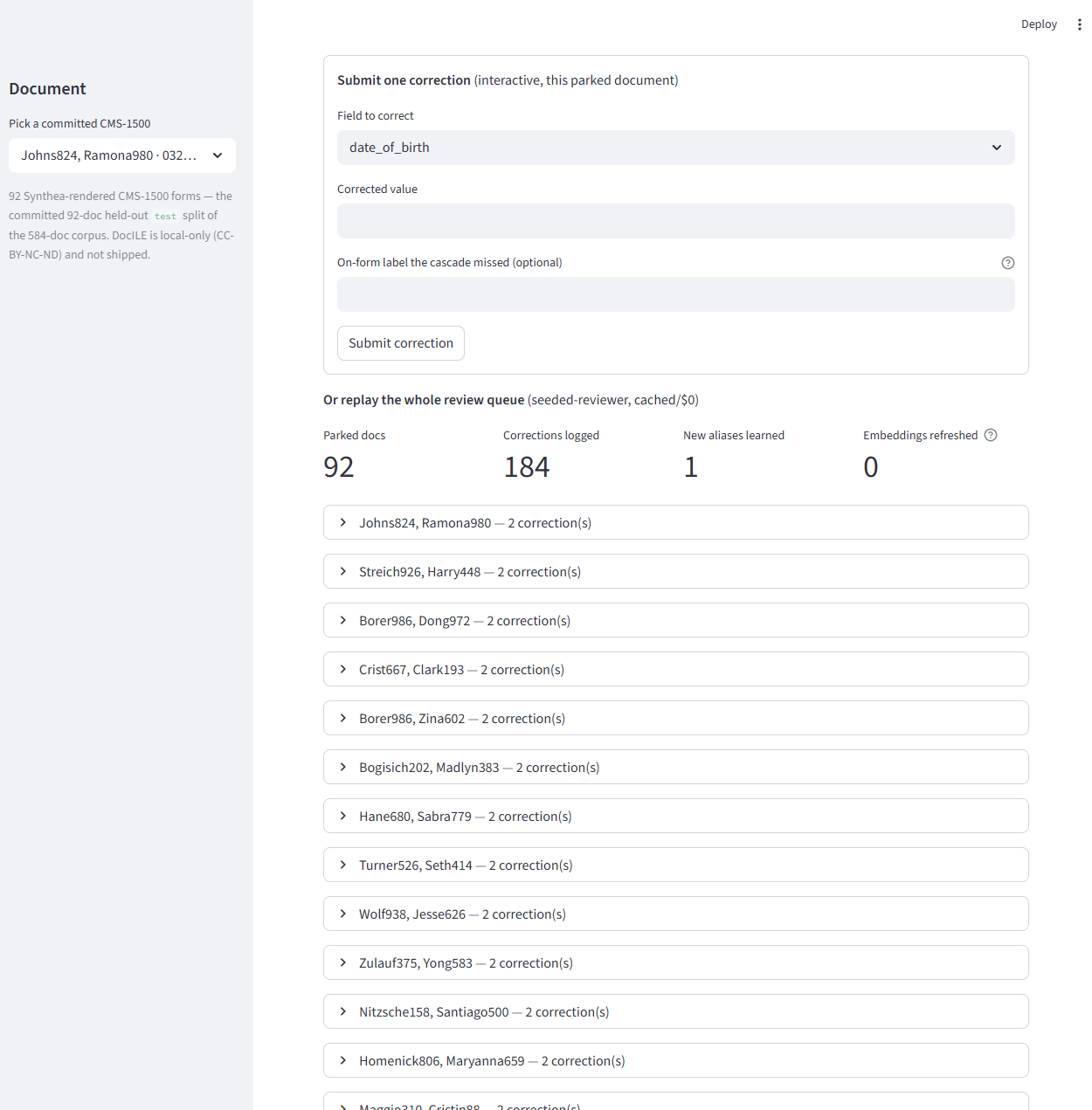 Streamlit review UI: a sidebar to pick a committed CMS-1500 document beside a per-field correction panel (field to correct, corrected value, missed on-form label) and the replayable review queue listing parked documents with their correction counts