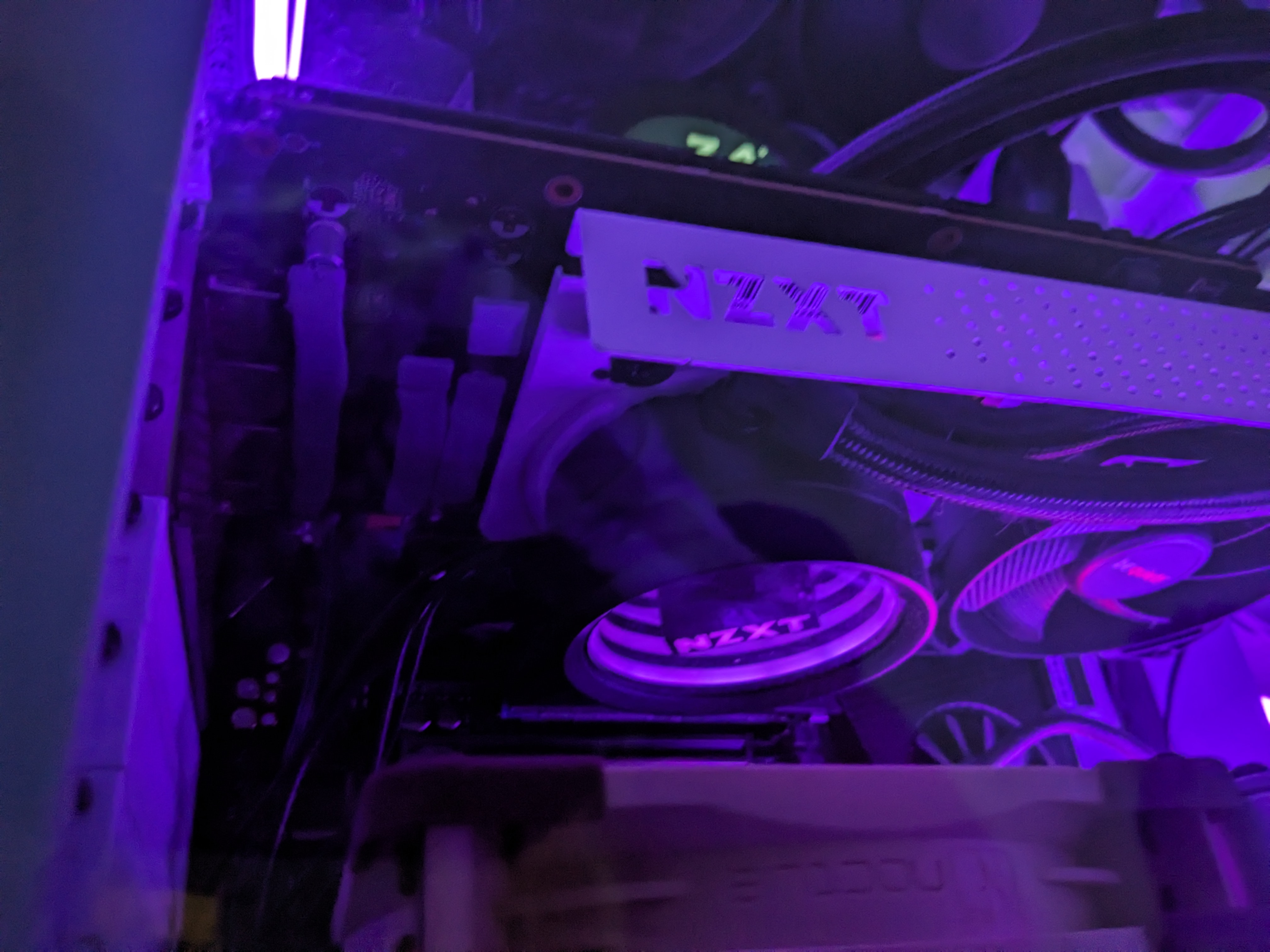 GPU AIO mod · step 4 — leak test, fans wired, closed up