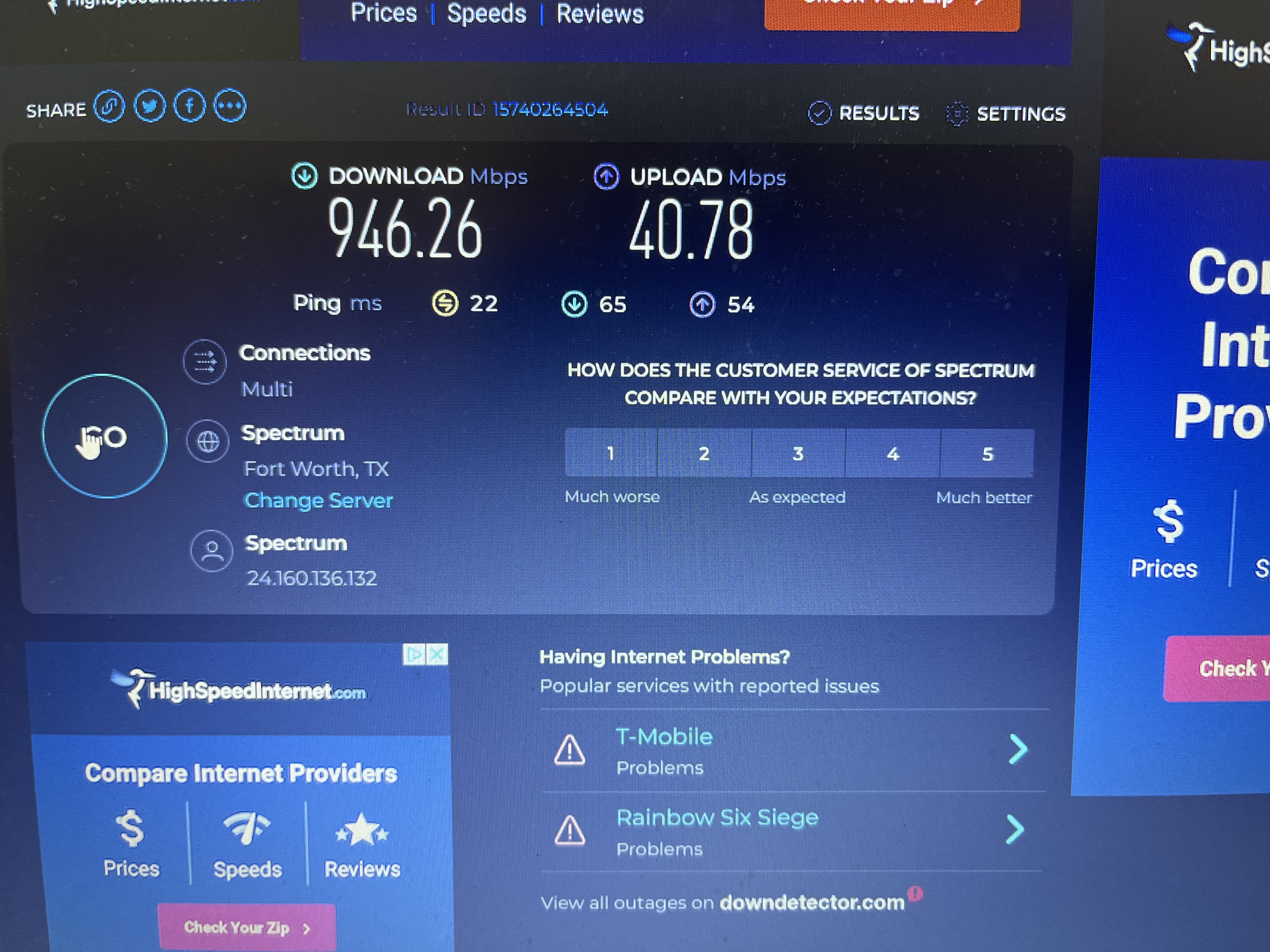 Speed test · after — right-sized equipment + redundant ISP