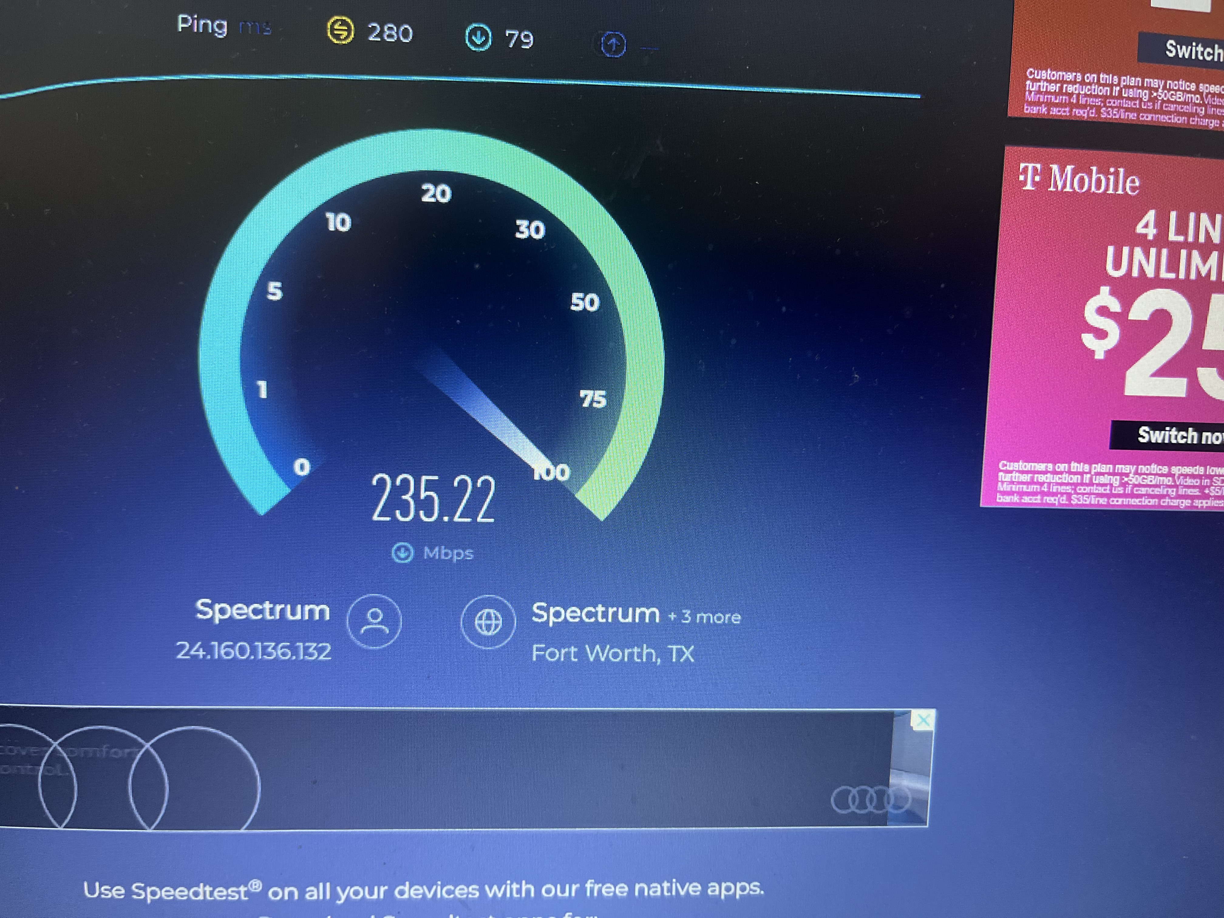 Speed test · before — bottlenecked legacy uplink