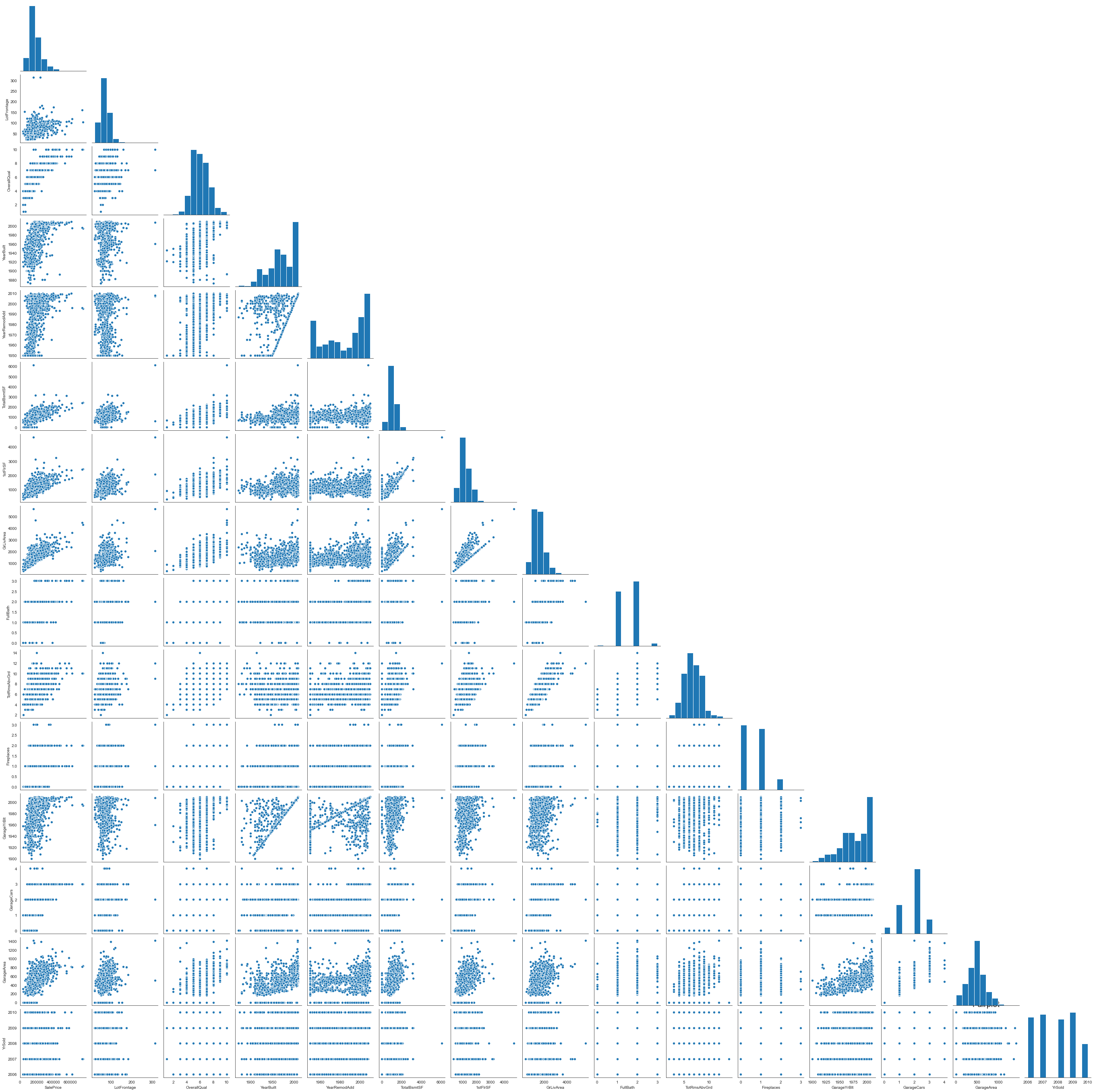 Pairplot — top-correlated features vs. sale price