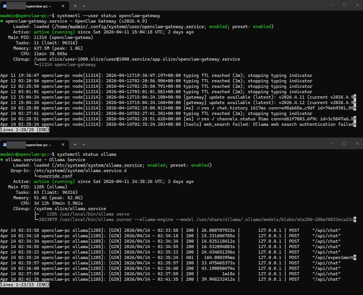 systemctl status · openclaw + ollama