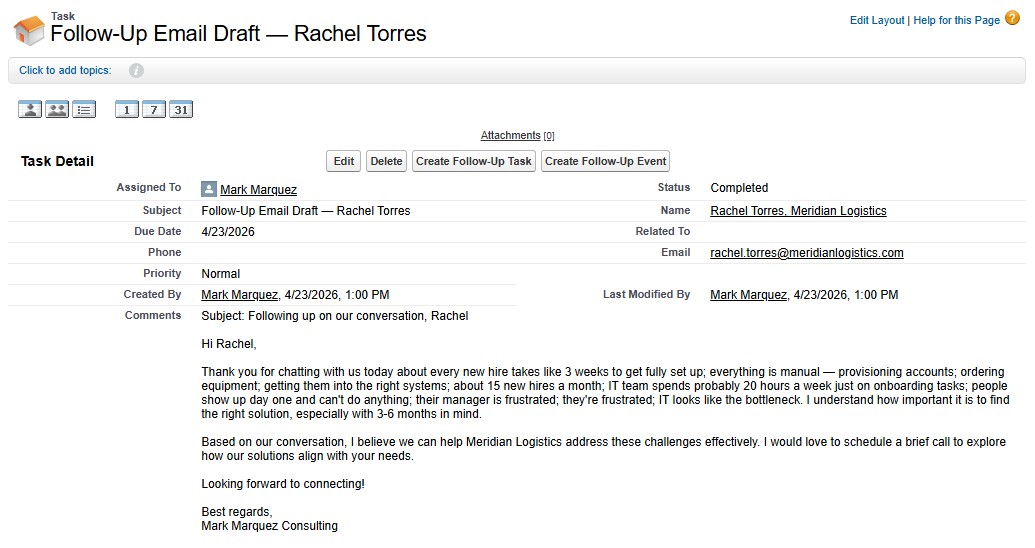 Agentforce agent output — tasks, email draft, and opportunity created automatically