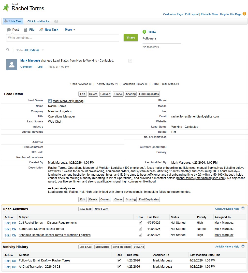 Salesforce Lead record populated with custom qualification fields from the TARS conversation