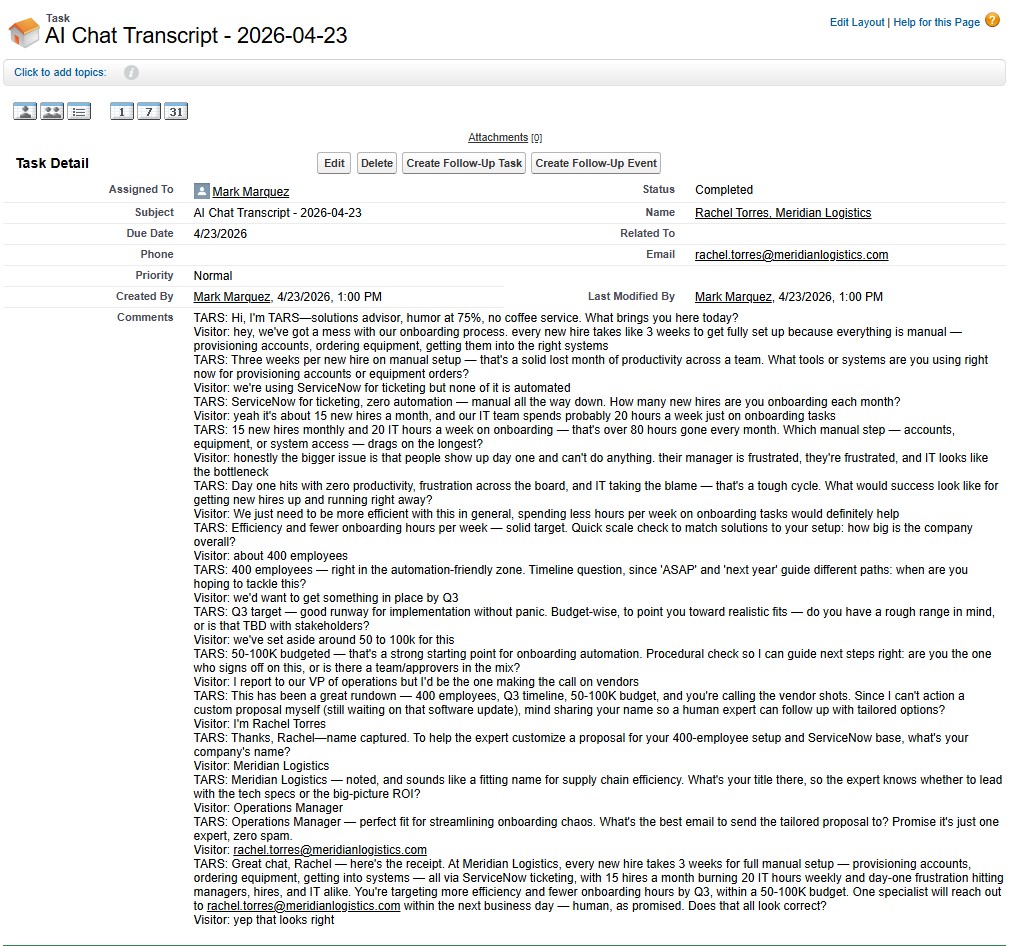 Salesforce Task record containing the full chat transcript from the conversation