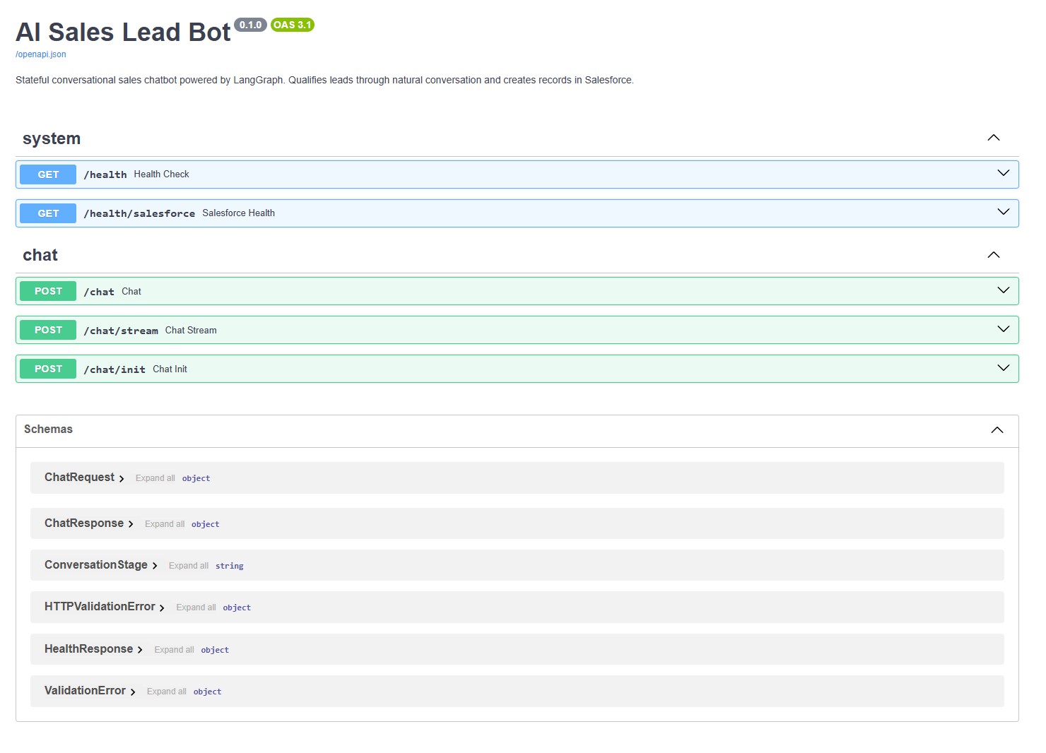 Swagger UI showing the FastAPI endpoints — /chat, /chat/stream, /chat/init, /health