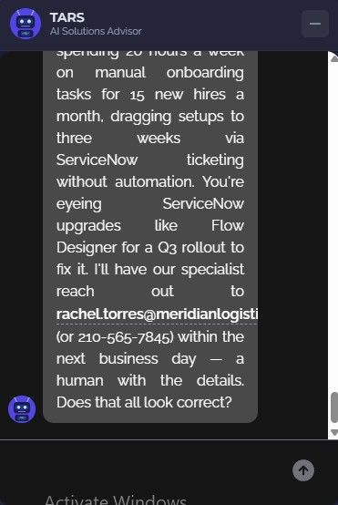 TARS mid-conversation — asking about budget and timeline during qualification