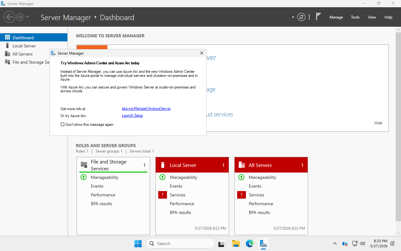 Server Manager showing a single role on a fully patched Windows Server before domain controller promotion