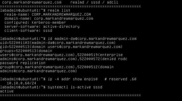 Ubuntu terminal showing realm list confirming Active Directory membership, an AD user's group memberships via id, a reserved DHCP address, and sssd active