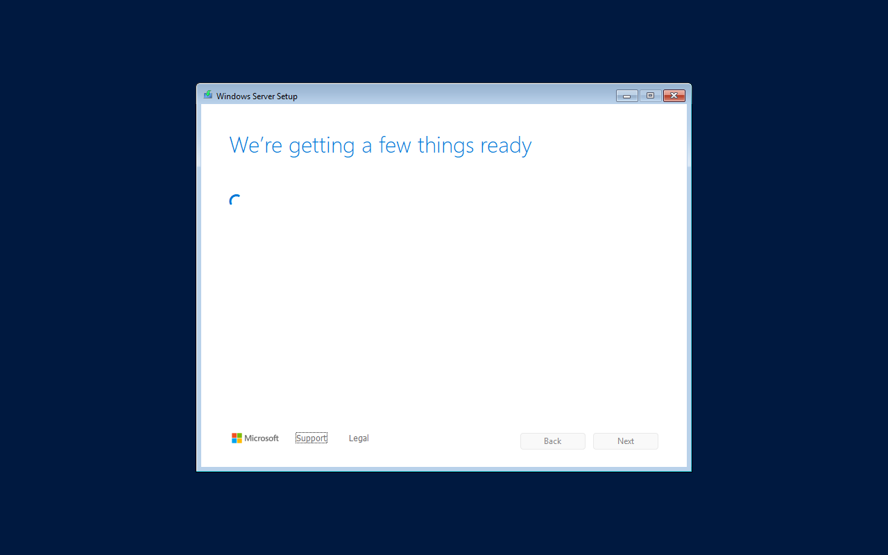 Windows Server 2025 setup starting unattended with the 'We're getting a few things ready' screen